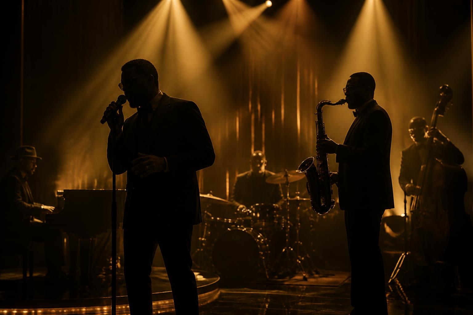 Rush Hour Entertainment band performing on stage under golden lights